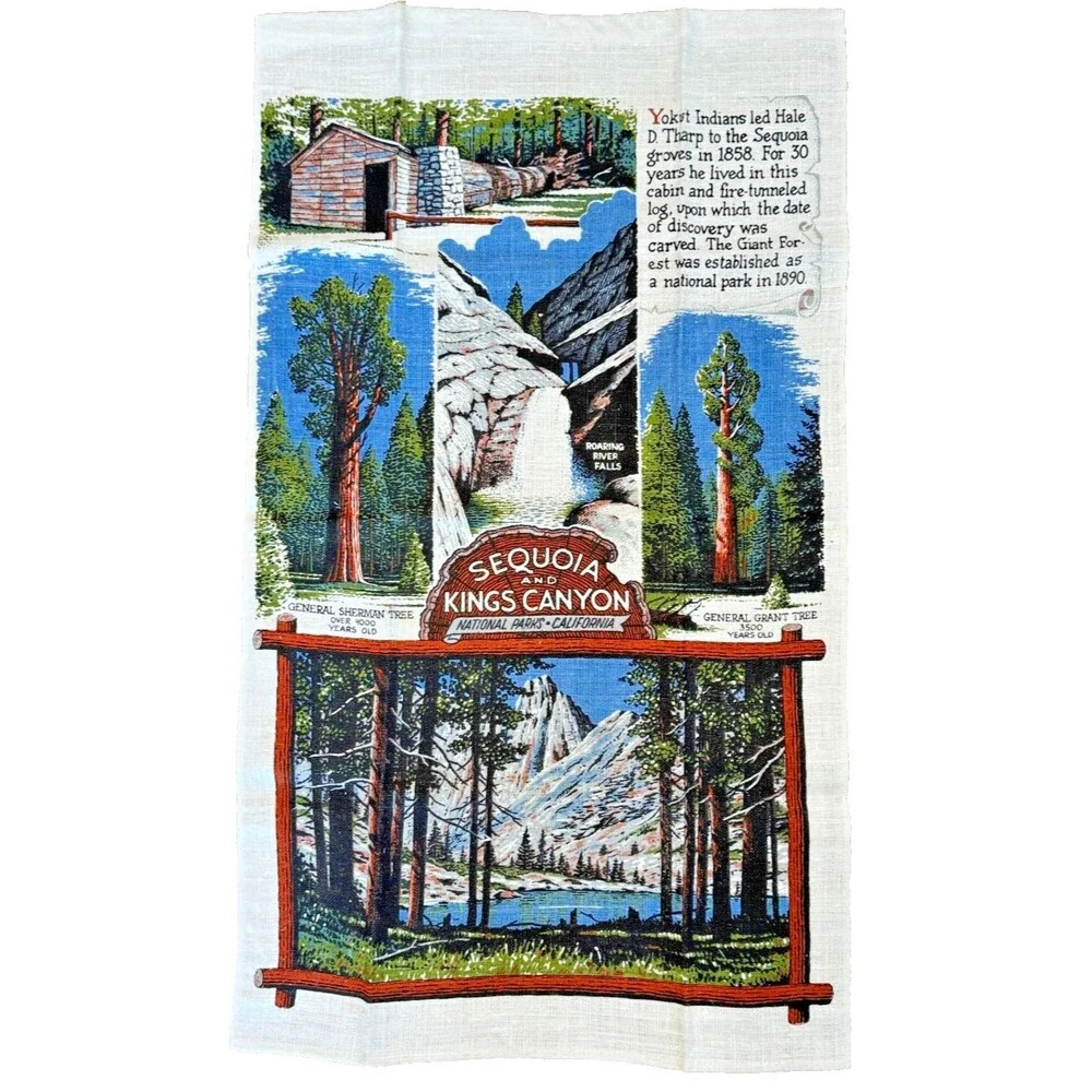 Vintage KayDee Linen‎ Tea Towel Sequoia Nat Park CA Handprint Vintage Souvenir